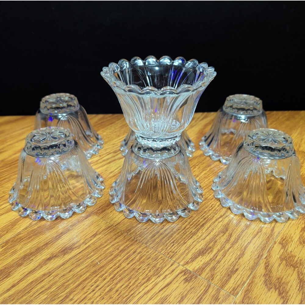 Vintage KIG Indonesia Glass Custard Dessert Bowls scalloped 10 oz set of 7
